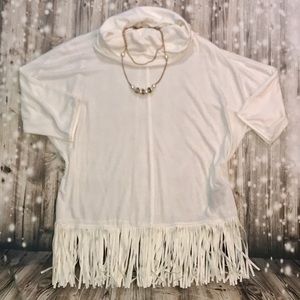 5/$25Cream Cowl neck fringe sweater- medium